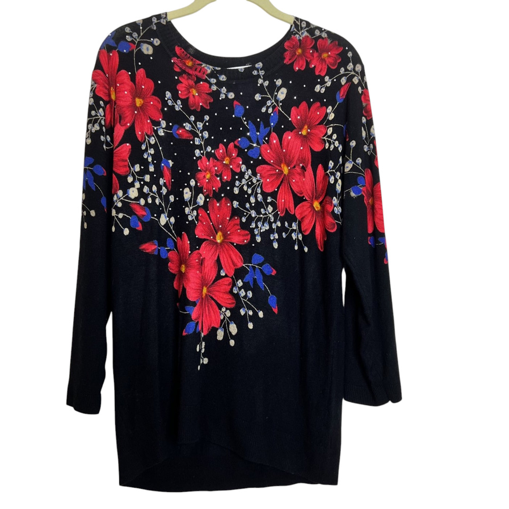 Cathy Daniels Womens Lightweight Sweater Large Black Red Floral Rhinestones